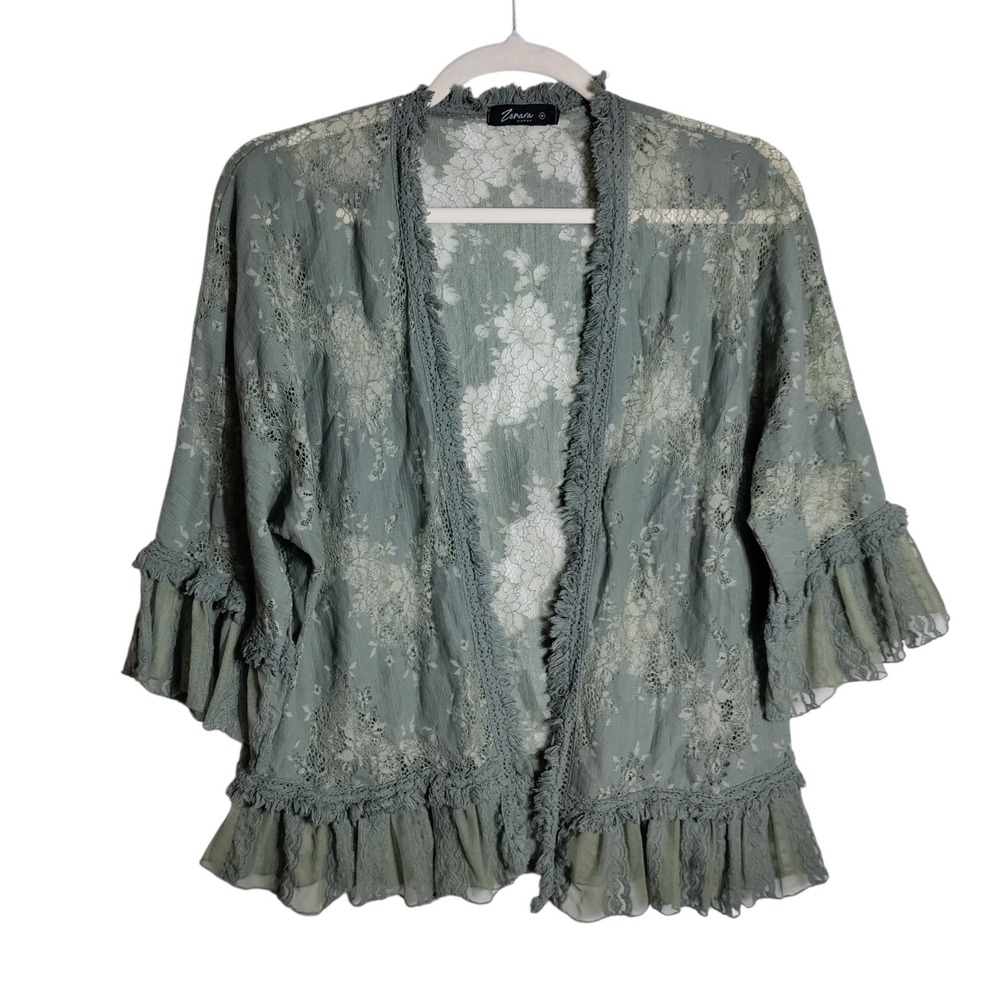 Zenara Woman Sage Green Floral Lace Ruffle Cardigan Top Made in Italy Size M